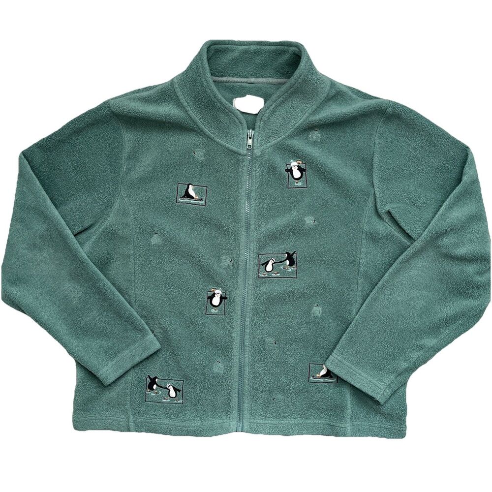 Christopher & Banks Fleece Zip Up Sage Green Embroidered Penguins Large Winter